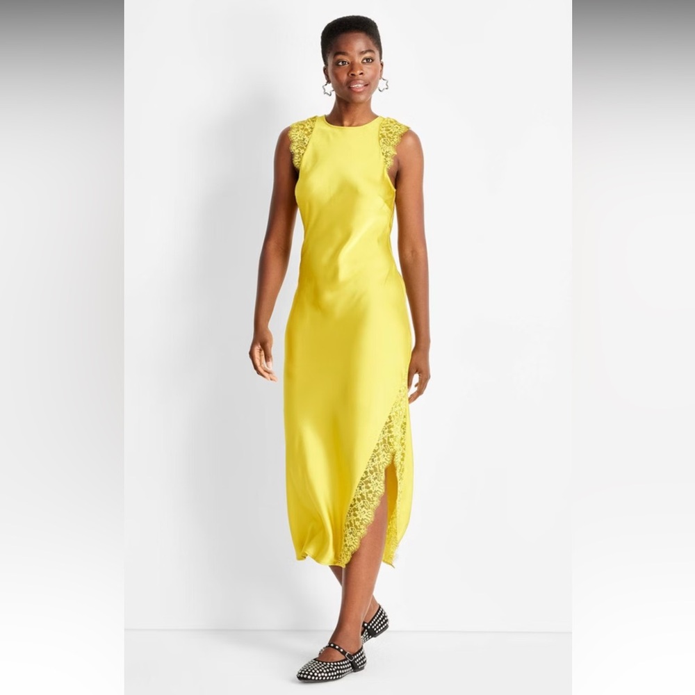 Future Collective yellow silky and lace sleeveless ankle length dress